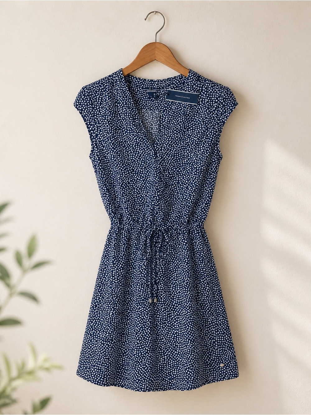 Navy Ditsy Floral Tie Waist Mini Dress Cap Sleeve Size 4 Tommy Hilfiger
